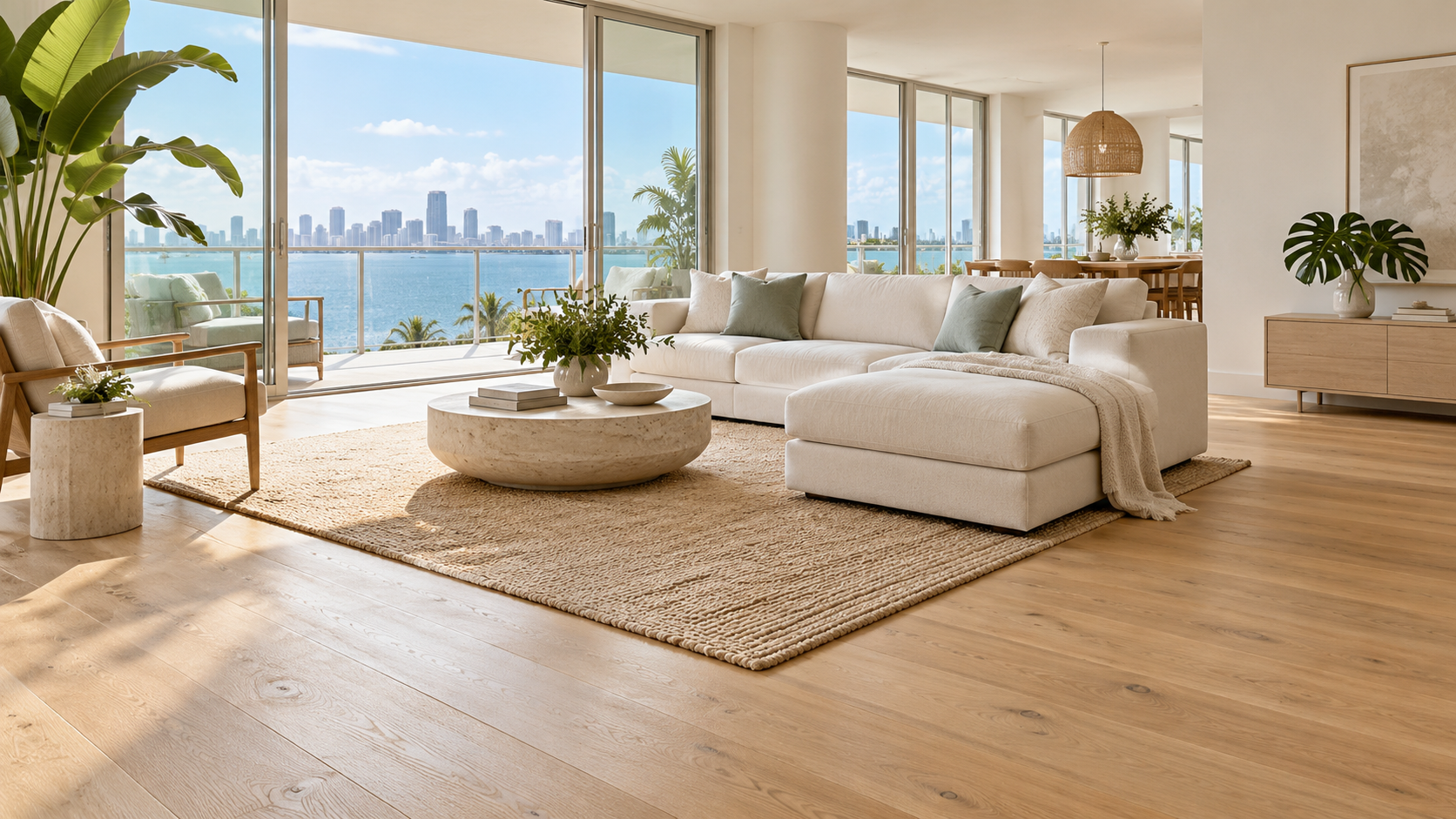 Warm wood flooring in a bright Miami living room